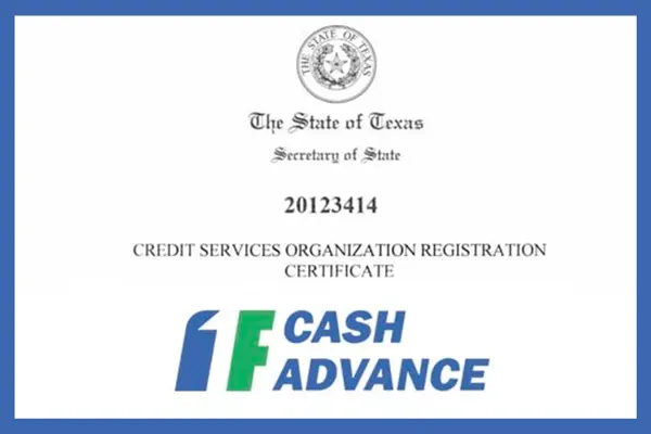 1F Cash Advance Registration Certificate Texas