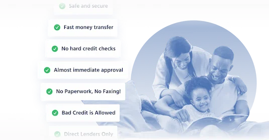 A family sitting on a couch, reading a book together, with a list of loan service benefits displayed in the foreground, such as fast money transfer and no paperwork
