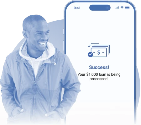 Smiling man next to a phone screen showing a success message about a $1,000 loan being processed
