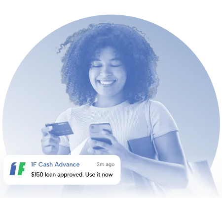 Young woman receiving quick $150 loan on mobile