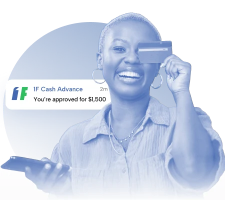 Smiling woman holding a phone and covering one eye with a credit card, celebrating her $1,500 loan approval from IF Cash Advance