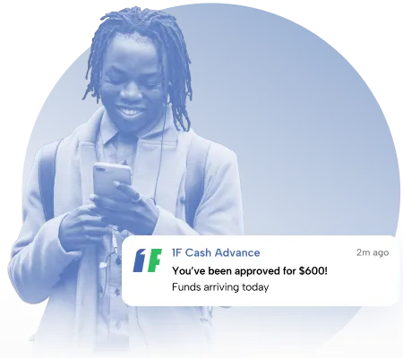 Happy man receiving $600 loan approval notification on his phone