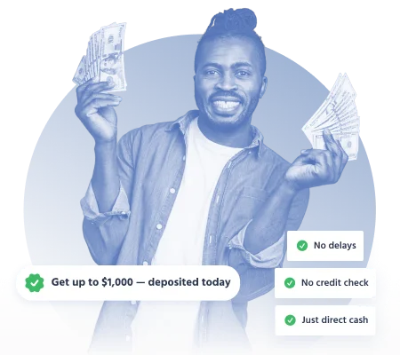 Happy man holding cash after receiving a direct deposit loan with no credit check