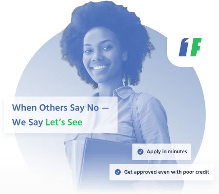 Confident young woman approved for a high-risk loan despite poor credit.