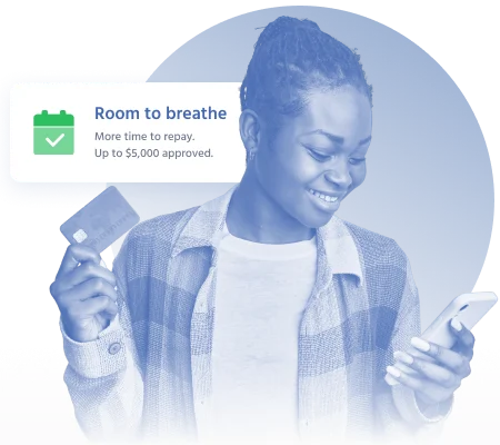 Woman approved for installment loan using smartphone and payment card