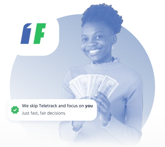 Smiling woman holding cash after fast approval with no Teletrack credit check