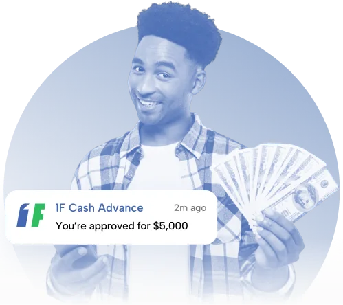 Smiling man holding cash and phone after $5,000 payday loan approval from 1F Cash Advance