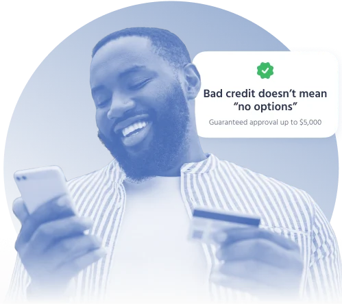 Happy man using smartphone and to explore bad credit loans with guaranteed approval