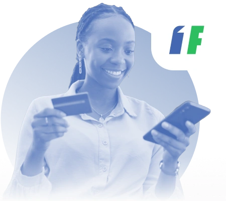 Smiling woman views 1F Cash Advance notification of direct lender approval for a no-credit-check installment loan