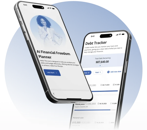1F Cash Advance app screens displaying AI Financial Freedom Planner and Debt Tracker tools on mobile devices