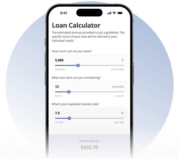 1F Cash Advance app loan calculator screen with adjustable loan amount, term, and interest rate fields