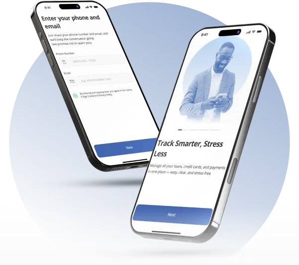 1F Cash Advance app onboarding screens showing user login and loan tracking features on mobile devices