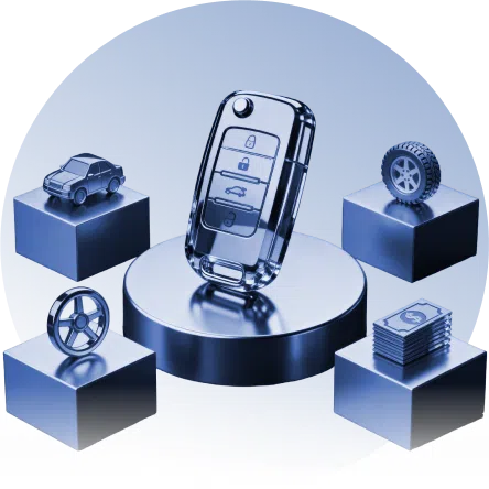 Blue 3D car key and auto icons, showing how personal loans from 1F Cash Advance can assist with auto purchase costs