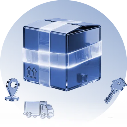 Blue 3D moving box with relocation icons, showing how 1F Cash Advance personal loans can help manage moving costs