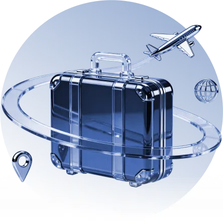 Blue 3D suitcase and travel icons, illustrating how a personal loan from 1F Cash Advance can support travel expenses