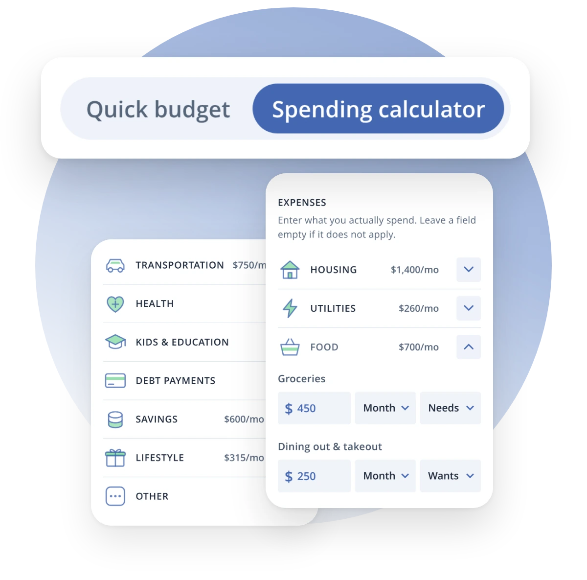 Spending calculator with monthly bills sorted into categories like housing, food, and transportation
